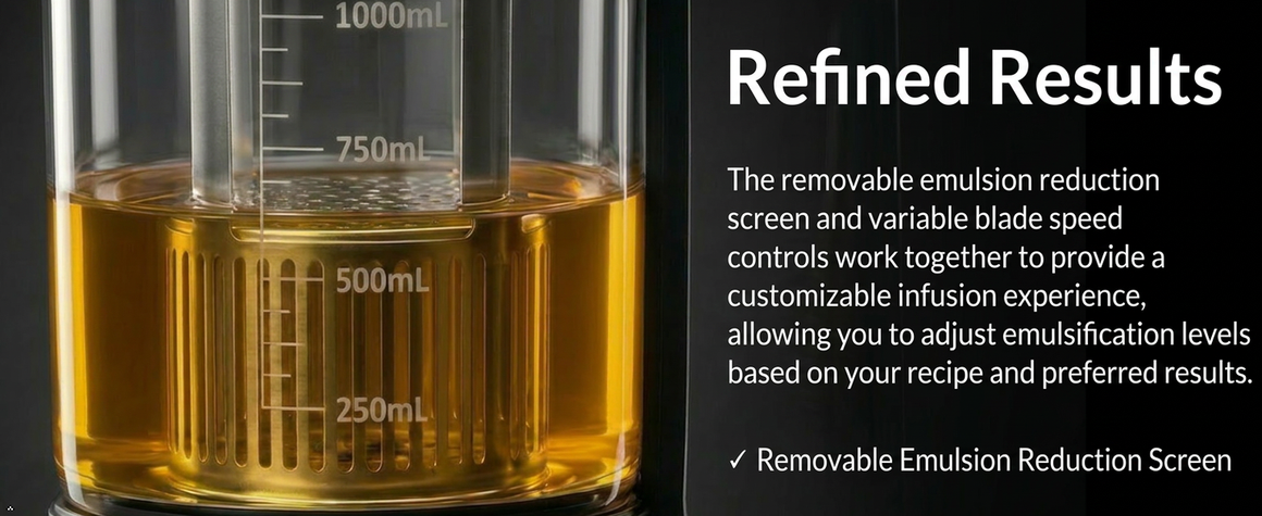 Golden oil in glass beaker with measurement markings, next to text about "Refined Results."