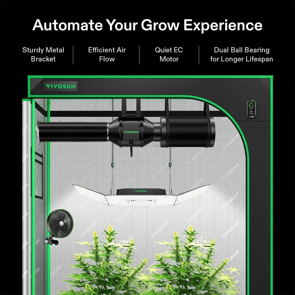 VIVOSUN grow tent interior with inline fan, carbon filter, LED grow light, and two plants. Automate your grow experience.