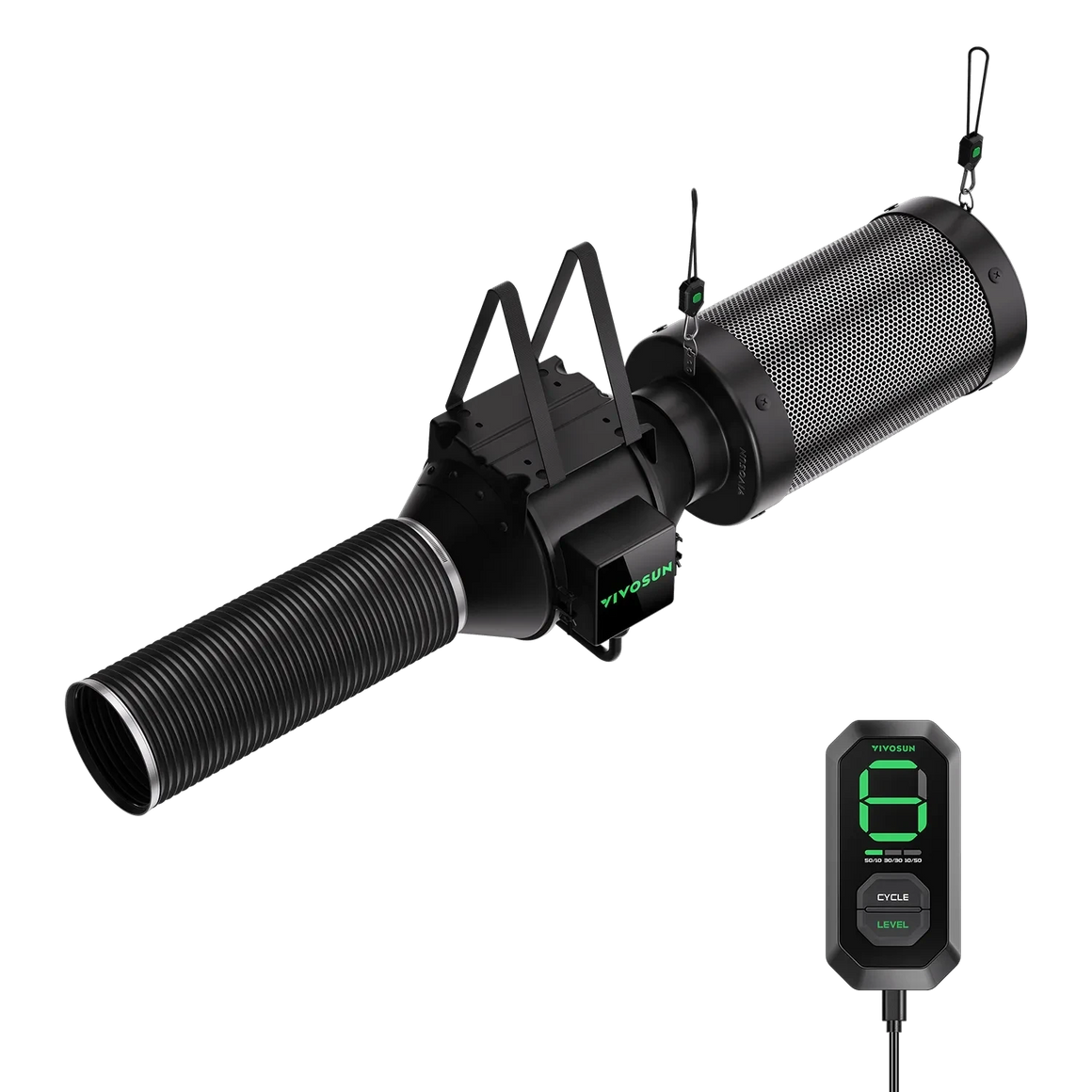 Black VIVOSUN AeroZesh G4 inline fan, mesh filter, corrugated tube, and E12 digital speed controller displaying '8'.