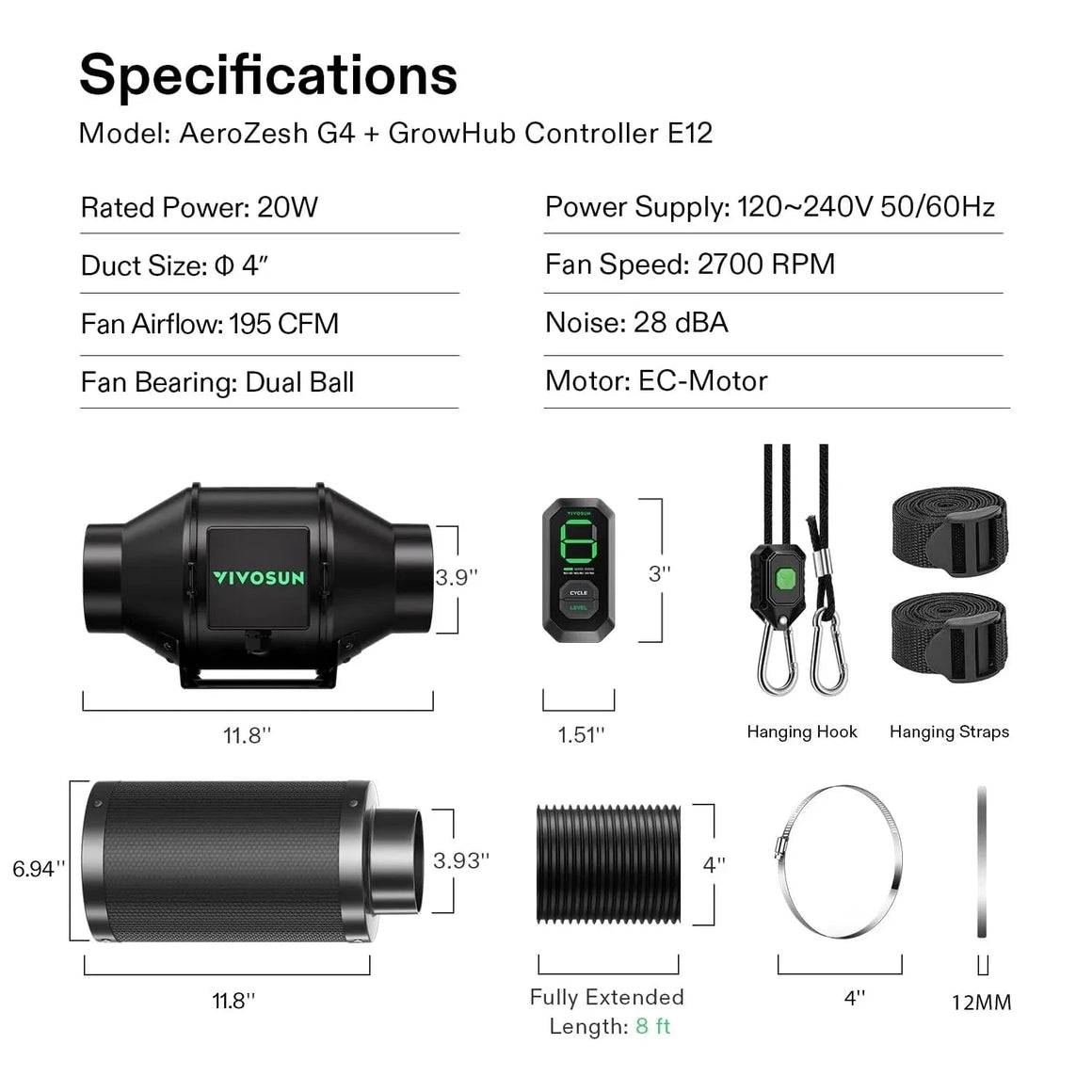 Specifications for AeroZesh G4 inline fan, GrowHub E12 controller kit, carbon filter, ducting, hooks, and straps.