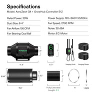 Specifications for AeroZesh G4 inline fan, GrowHub E12 controller kit, carbon filter, ducting, hooks, and straps.