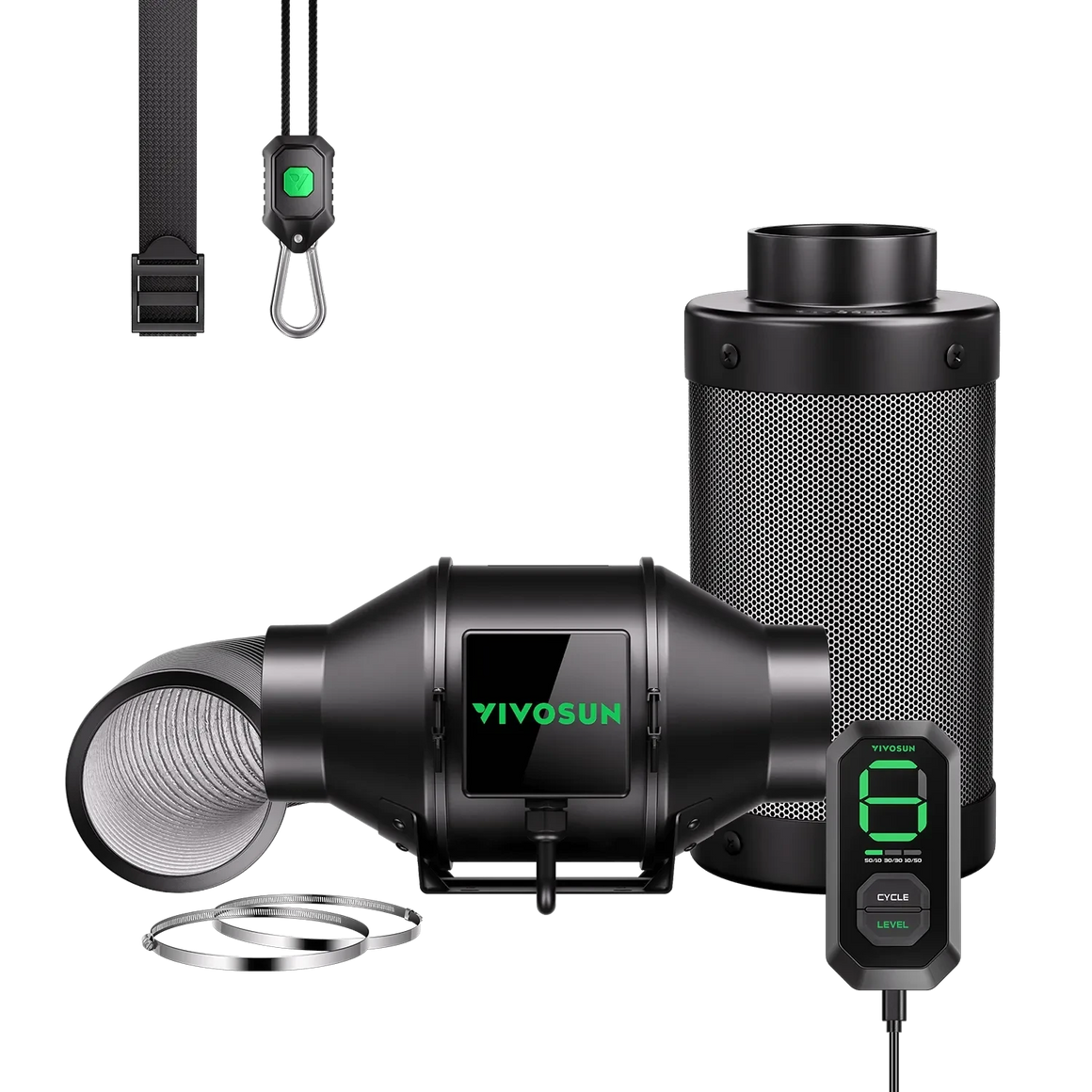 VIVOSUN black ventilation kit: inline fan, carbon filter, flexible ducting, digital controller, and hanging accessories.