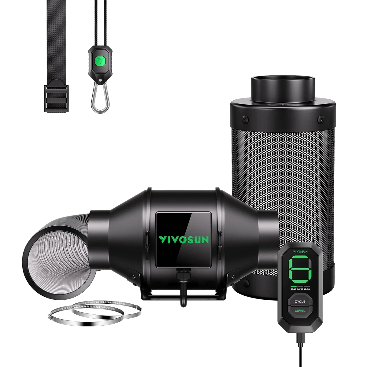 VIVOSUN black ventilation kit: inline fan, carbon filter, flexible ducting, digital controller, and hanging accessories.