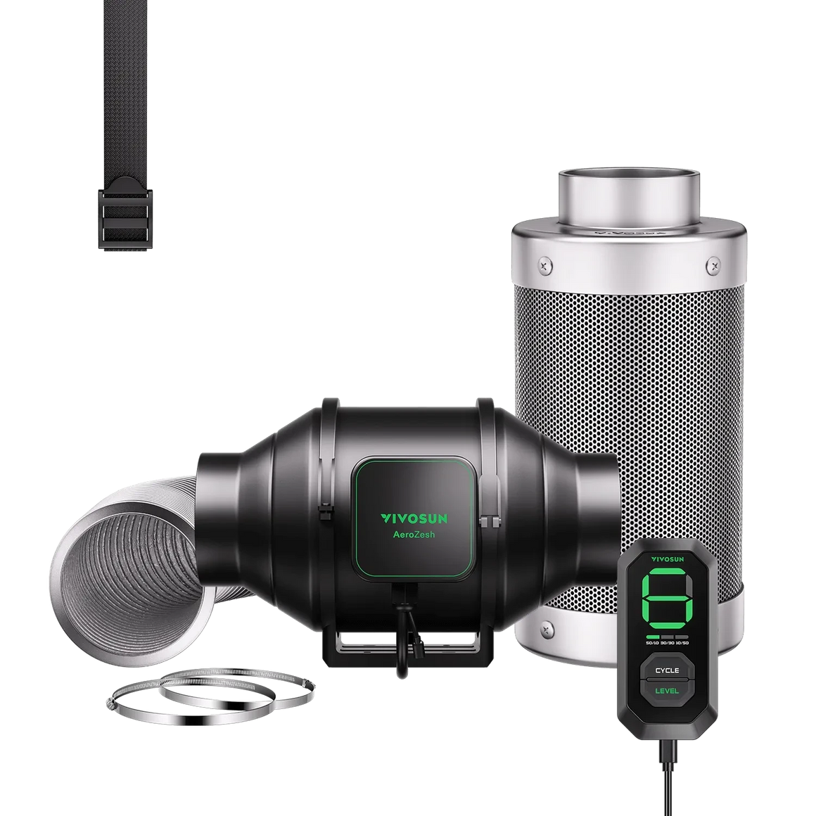 VIVOSUN AeroZesh S4 smart air filtration kit with inline fan, carbon filter, ducting, and digital controller.