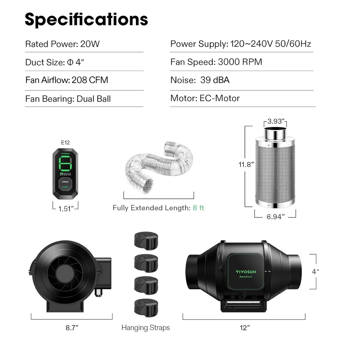VIVOSUN smart air filtration kit with inline fan, carbon filter, ducting, controller. Specs: 4" duct, 208 CFM.