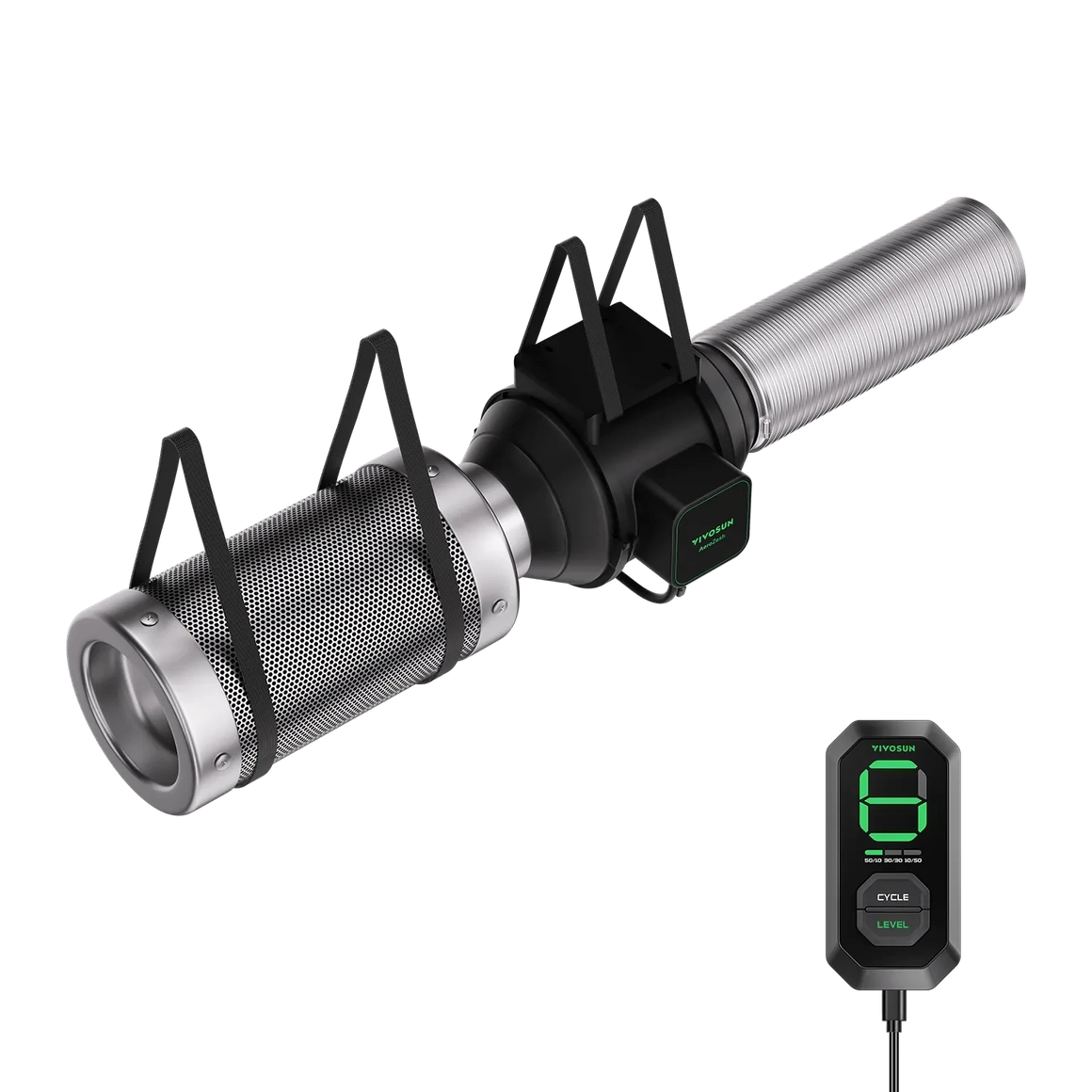 YIYOSUN AeroZesh S4 smart inline duct fan kit with a mesh filter, flexible duct, and digital controller.