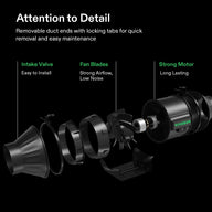 Exploded view of VIVOSUN black inline duct fan, highlighting its intake valve, fan blades, and motor components.