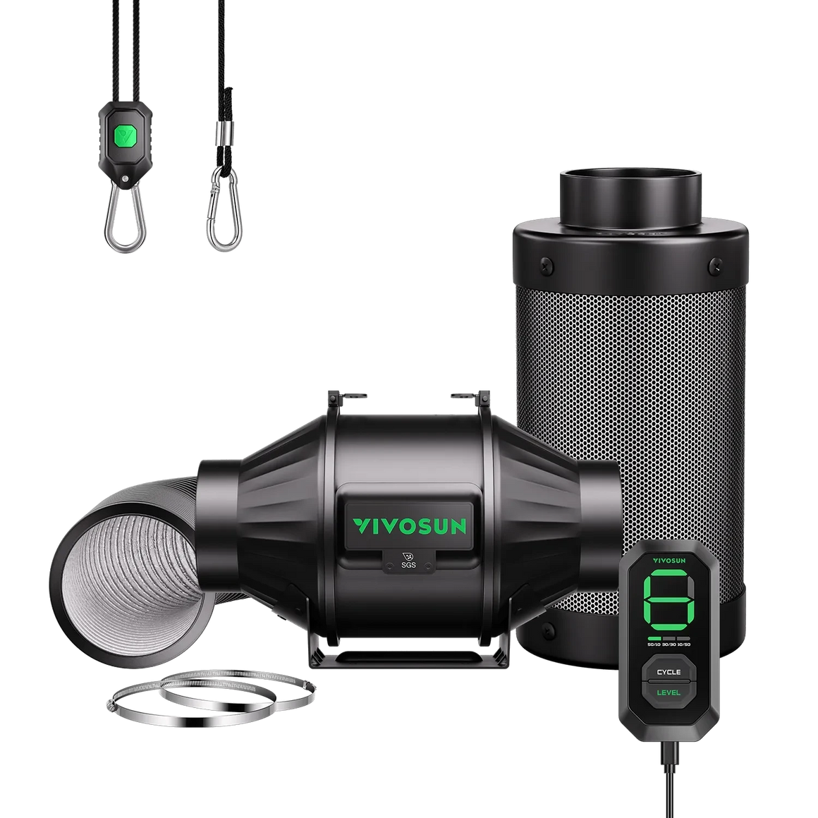 VIVOSUN AeroZesh T4 inline fan kit with carbon filter, ducting, E12 digital temp controller, and hangers.