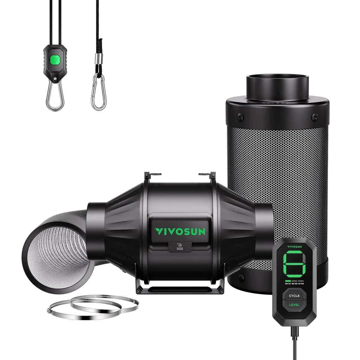 VIVOSUN AeroZesh T4 inline fan kit with carbon filter, ducting, E12 digital temp controller, and hangers.