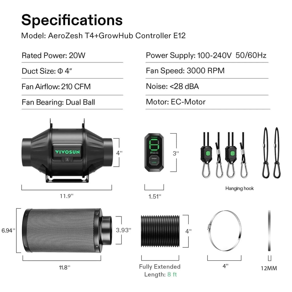 AeroZesh T4+E12 smart air filtration kit with inline fan, carbon filter, controller, duct, and specifications.