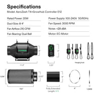 AeroZesh T4+E12 smart air filtration kit with inline fan, carbon filter, controller, duct, and specifications.