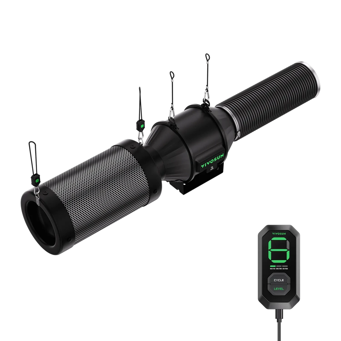 Black YIYOSUN inline fan with perforated filter, flexible duct, and green digital controller displaying '6'.