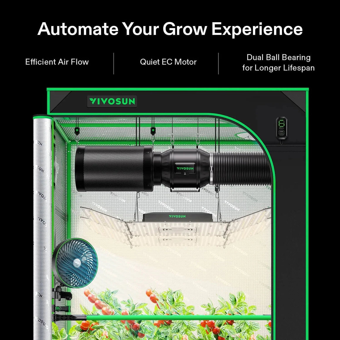VIVOSUN grow tent with AeroZesh T6 inline fan, E12 speed controller, carbon filter, grow light & tomato plants.
