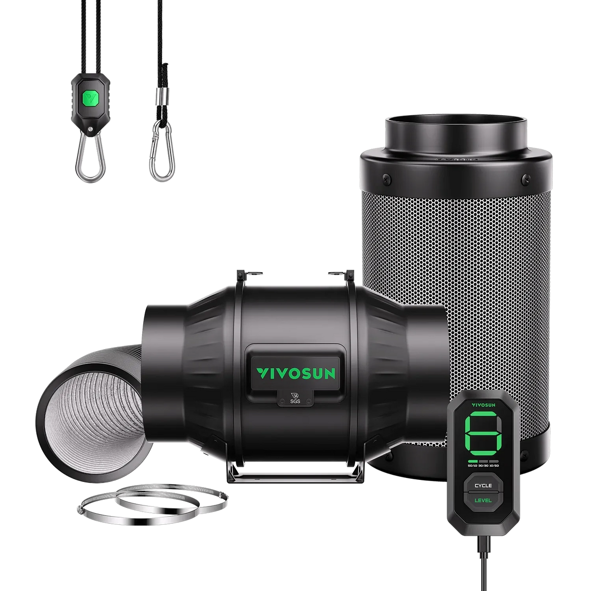 VIVOSUN AeroZesh T6 inline fan, carbon filter, flexible ducting, E12 digital speed controller, and rope hangers.