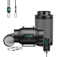 VIVOSUN AeroZesh T6 inline fan, carbon filter, flexible ducting, E12 digital speed controller, and rope hangers.