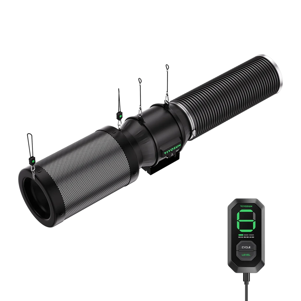 YIVOSUN black cylindrical inline fan, perforated mesh intake, ribbed exhaust, with digital controller displaying '6'.