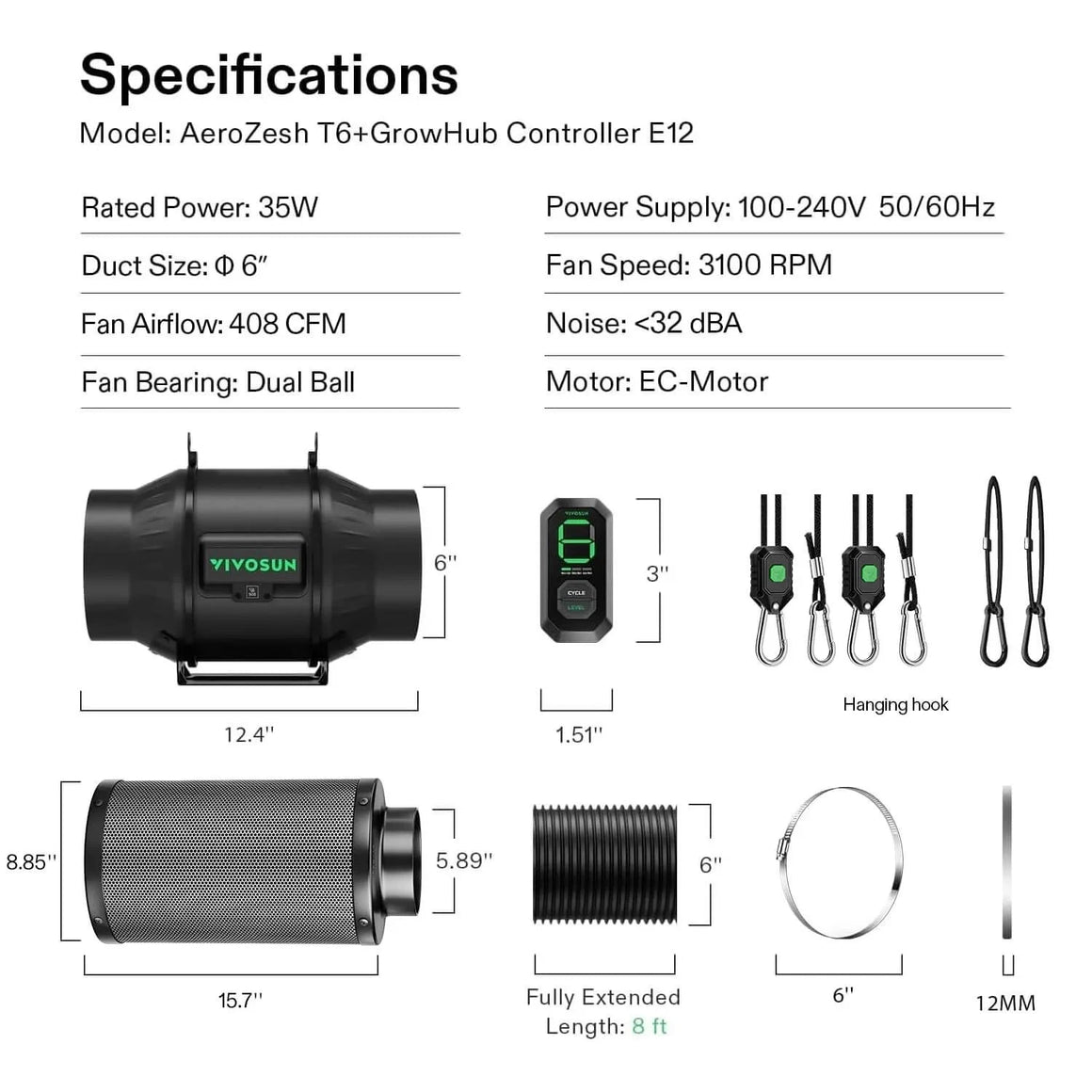 AeroZesh T6 inline fan & GrowHub E12 controller kit specs: fan (12.4"), filter (15.7"), duct (8ft), controller (3"), and accessories.