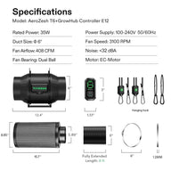AeroZesh T6 inline fan & GrowHub E12 controller kit specs: fan (12.4