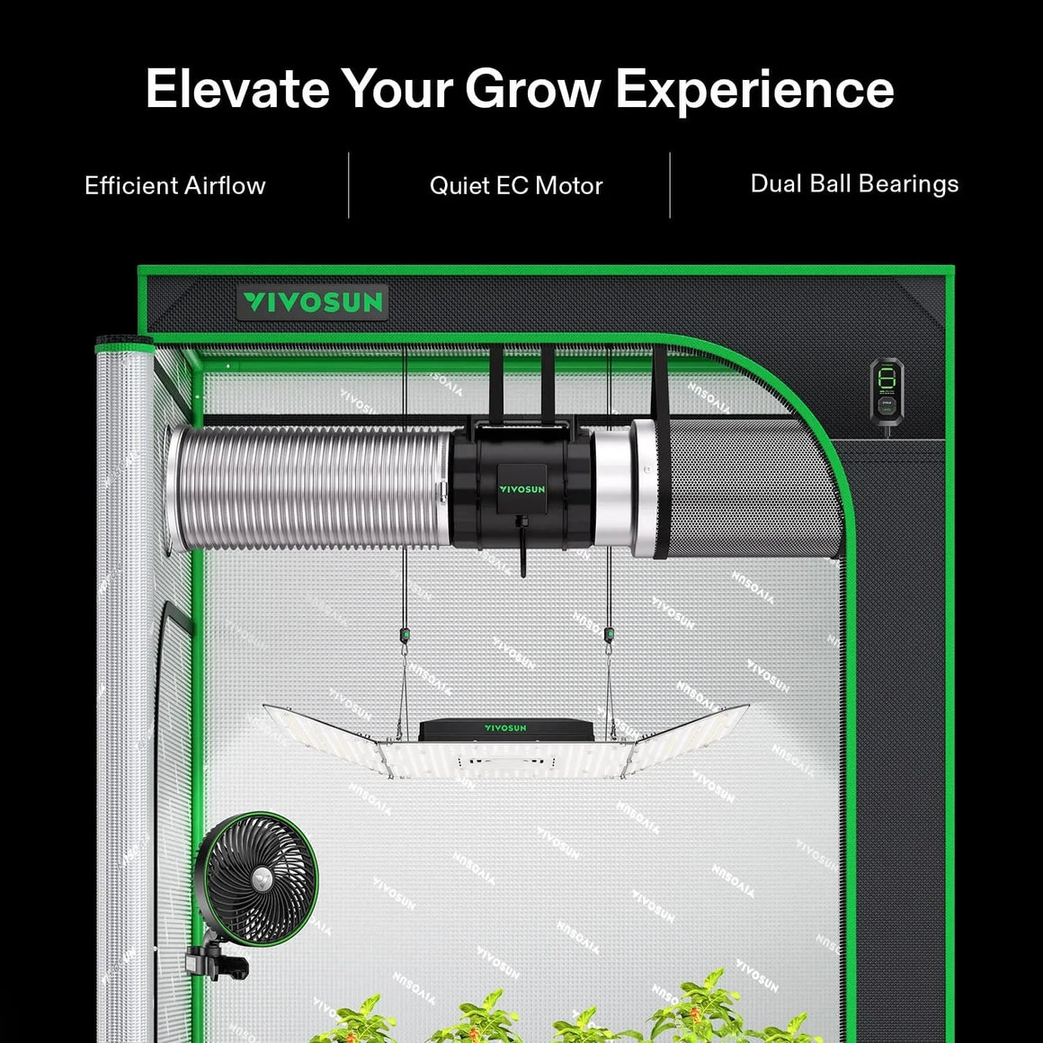 VIVOSUN grow tent interior showcasing an inline fan, carbon filter, LED grow light, clip-on fan, and plants.
