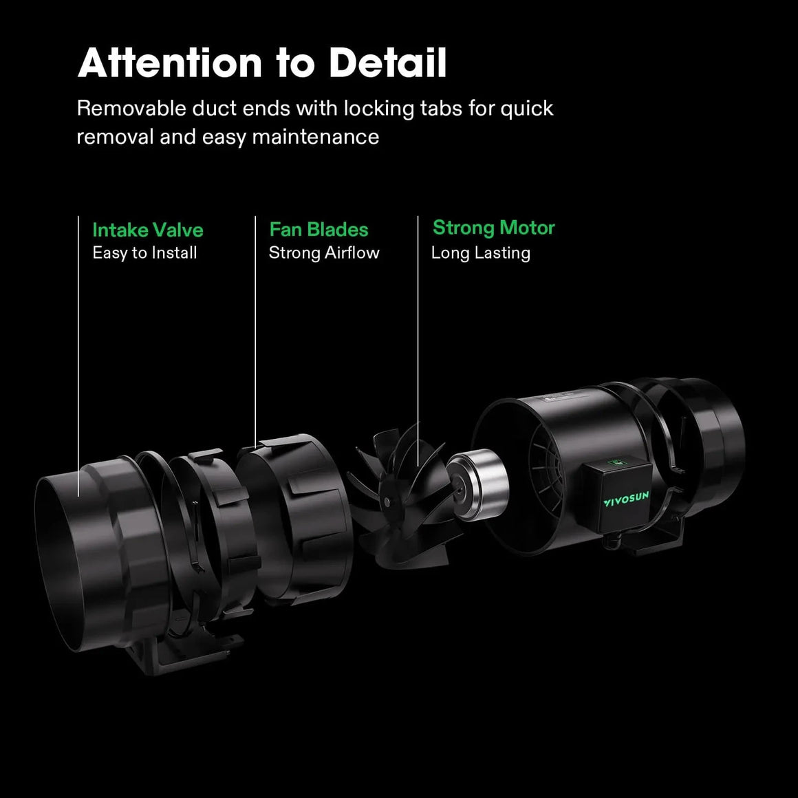 Exploded view of a black VIVOSUN inline duct fan, showcasing its intake valve, fan blades, and powerful motor.