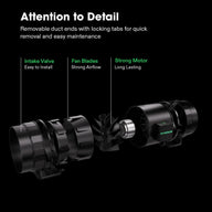 Exploded view of a black VIVOSUN inline duct fan, showcasing its intake valve, fan blades, and powerful motor.