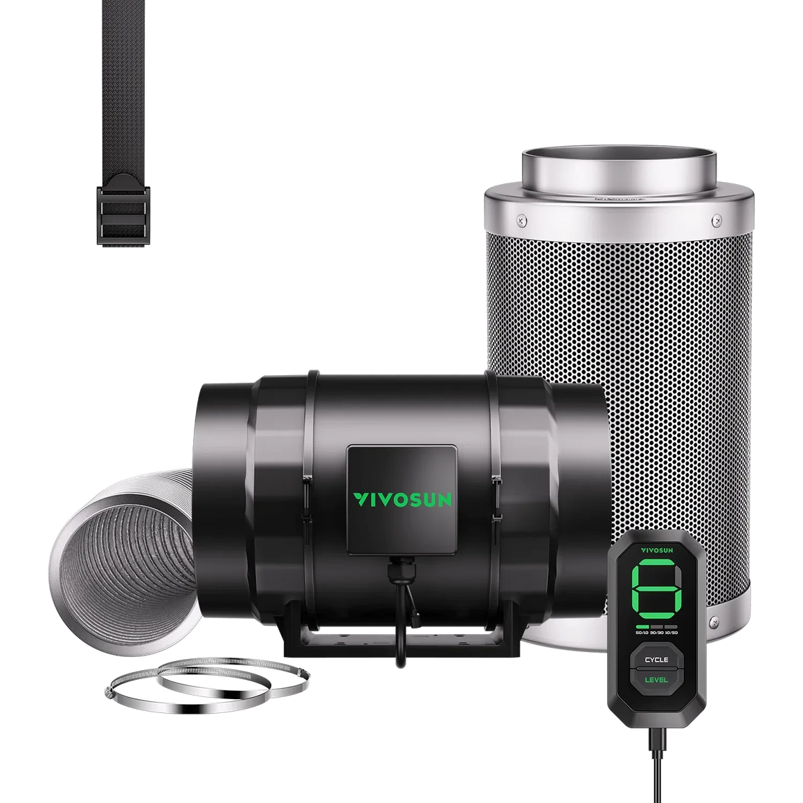 VIVOSUN Smart Air Filtration Kit: Aero Zesh S8 inline fan, carbon filter, ducting, and E12 digital controller.