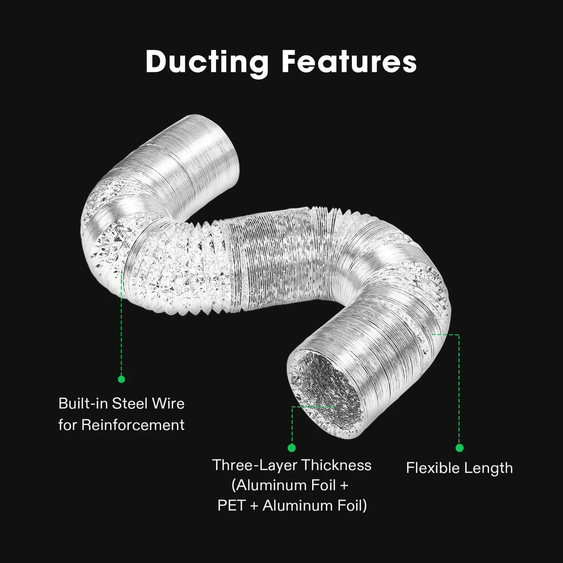 Silver flexible ventilation duct, S-shaped, highlighting built-in steel wire, 3-layer material, and flexible length.