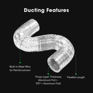 Silver flexible ventilation duct, S-shaped, highlighting built-in steel wire, 3-layer material, and flexible length.