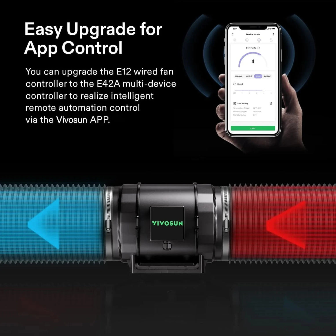 Vivosun AeroZesh S8 smart inline fan with app control. Smartphone shows fan speed, blue intake, red exhaust.