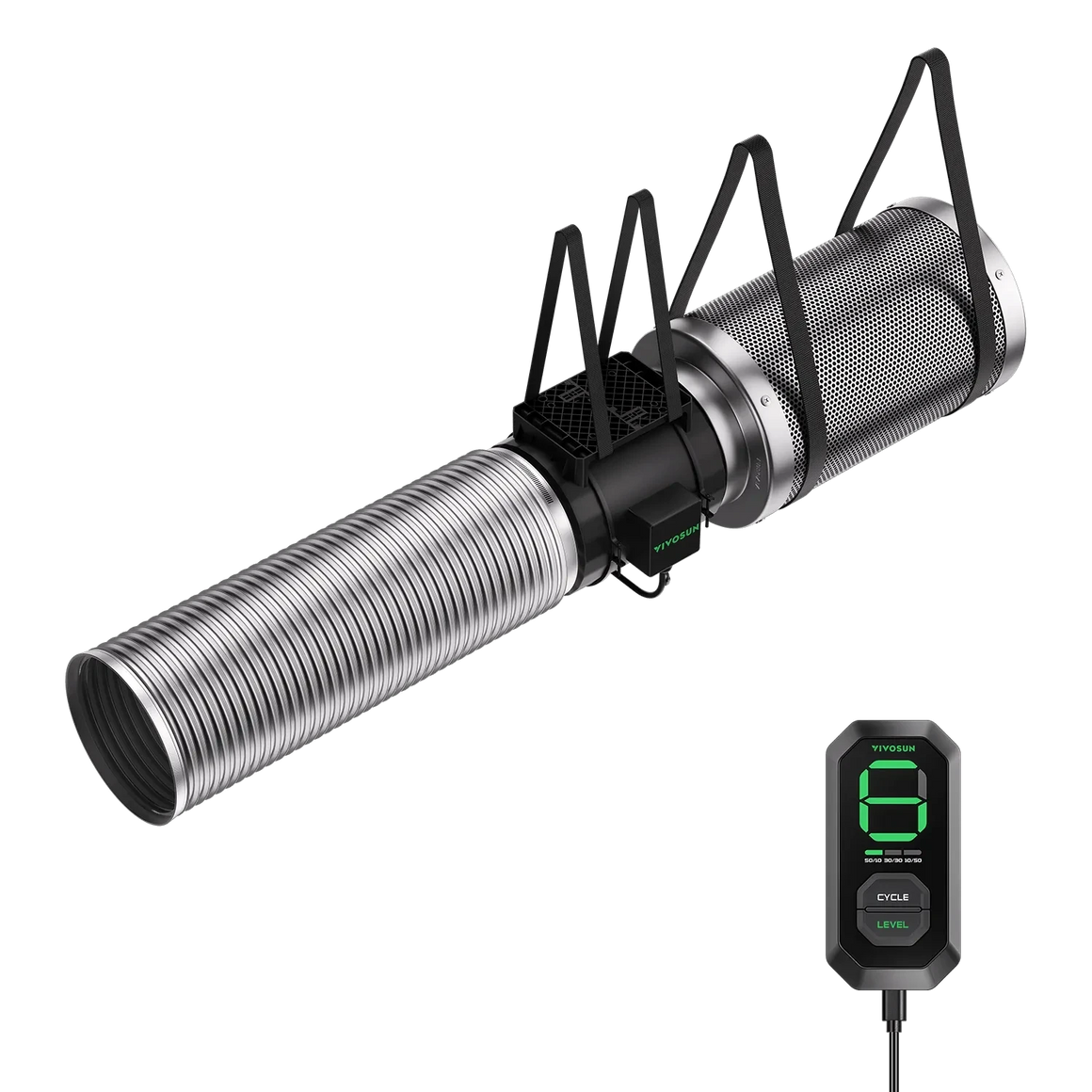 VIVOSUN Smart Air Filtration Kit 8: AeroZesh S8 Inline Fan, E12 Filter, duct, and digital controller.