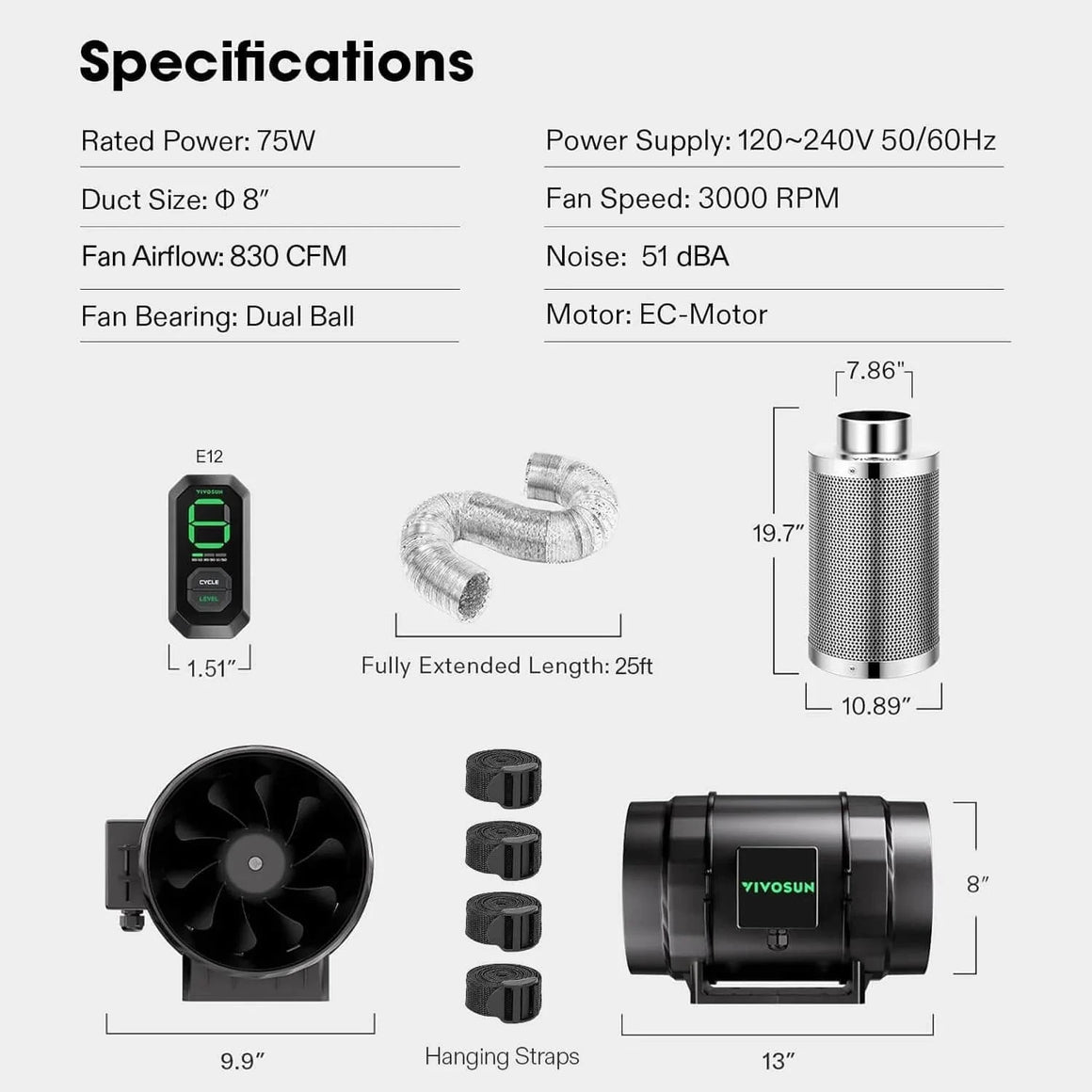 Smart air filtration kit with VIVOSUN 8-inch black inline fan, silver carbon filter, E12 controller, ducting, and specifications.