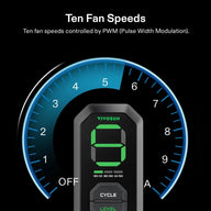 VIVOSUN digital fan controller displays fan speed 9. Blue arched dial shows ten fan speeds (OFF-A).