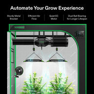 Automated VIVOSUN grow tent featuring an inline fan, LED lights, plants, a controller, and a small circulation fan.