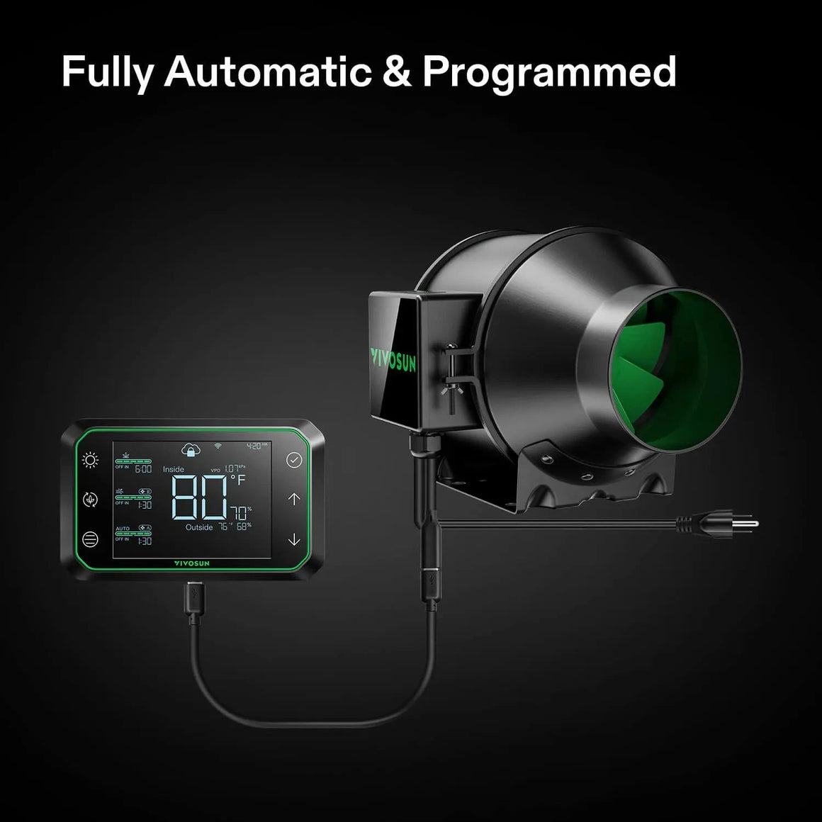 Black VIVOSUN inline duct fan with green blades connected to a digital controller showing internal & external climate data.
