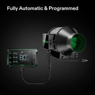 Black VIVOSUN inline duct fan with green blades connected to a digital controller showing internal & external climate data.