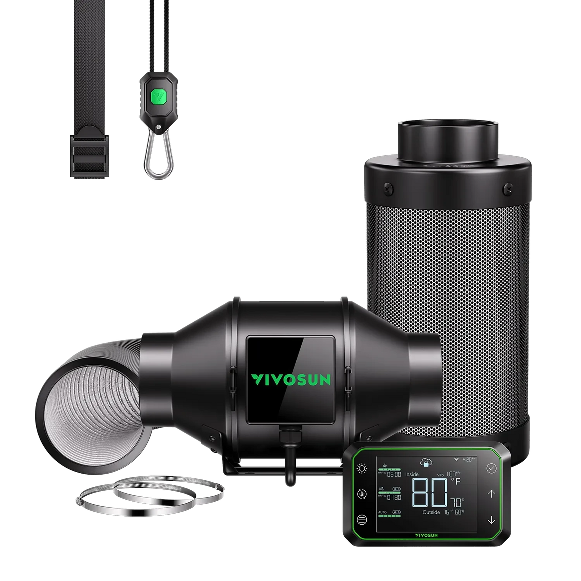 Black Vivosun AeroZesh G4 inline fan, carbon filter, flexible duct, smart digital controller, and hangers.