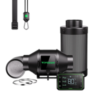 Black Vivosun AeroZesh G4 inline fan, carbon filter, flexible duct, smart digital controller, and hangers.