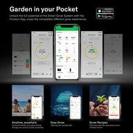 Vivosun Smart Grow System app on smartphones, showing plant environment control, light schedules, and recipes.