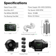 Vivosun Smart Air Filtration Kit Pro 4 with AeroZesh S4 inline fan, carbon filter, E42A controller, duct, and specs.