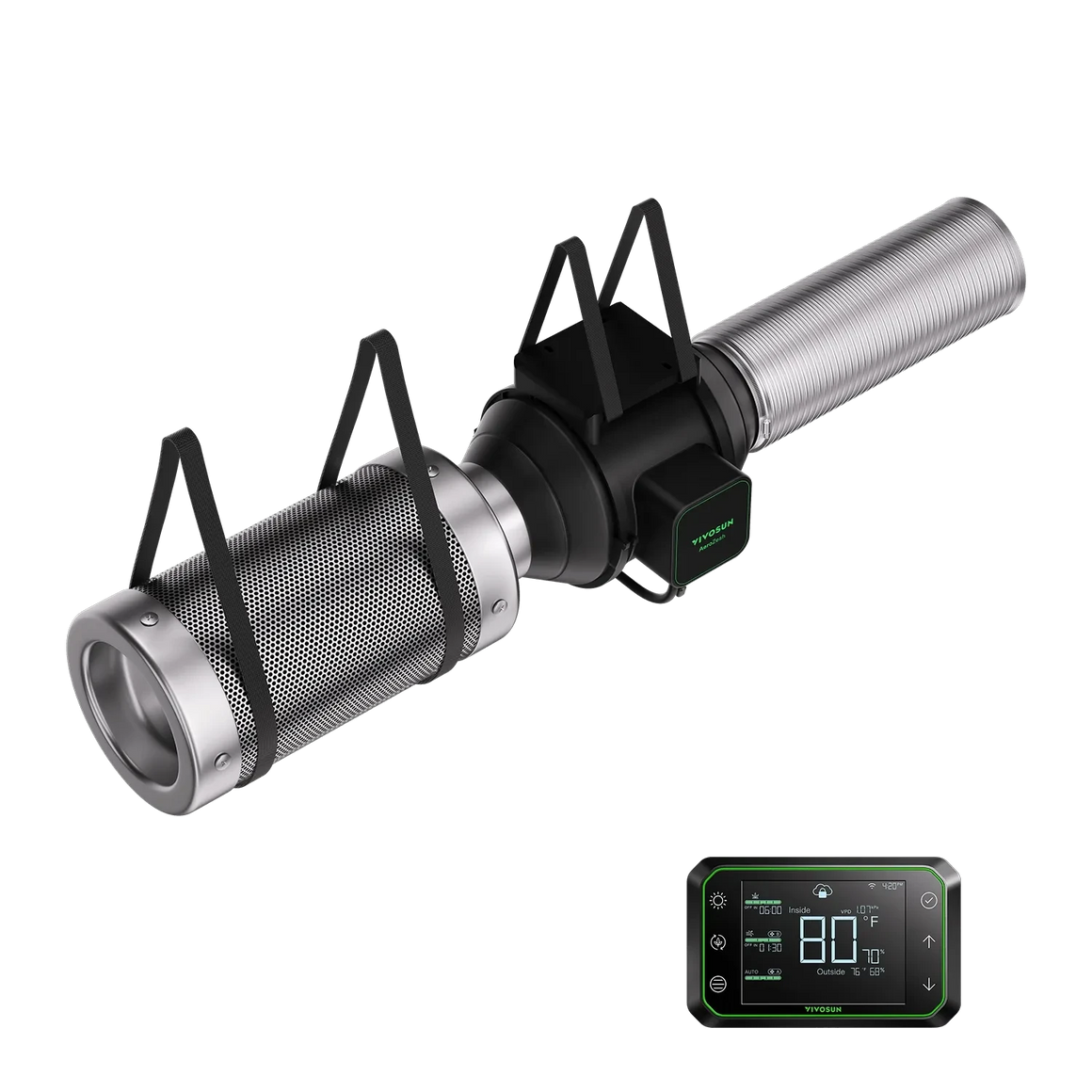 Black VIVOSUN AeroZesh S4 inline fan with silver carbon filter and duct, and a digital controller displaying 80°F.