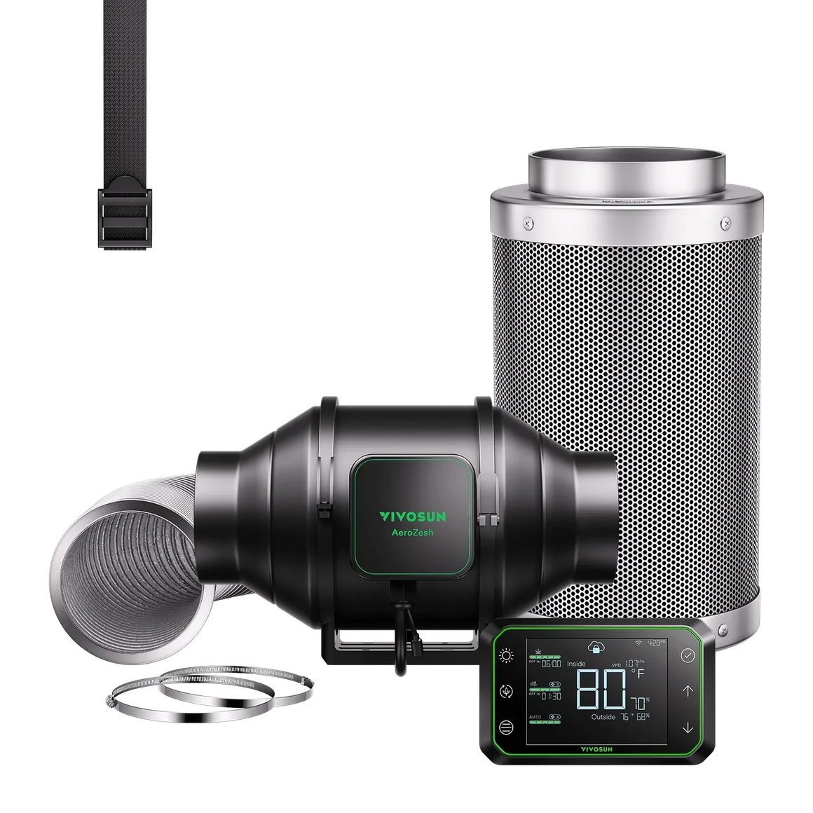 VIVOSUN AeroZesh T4 inline fan kit with carbon filter, flexible ducting, and E42A digital controller.