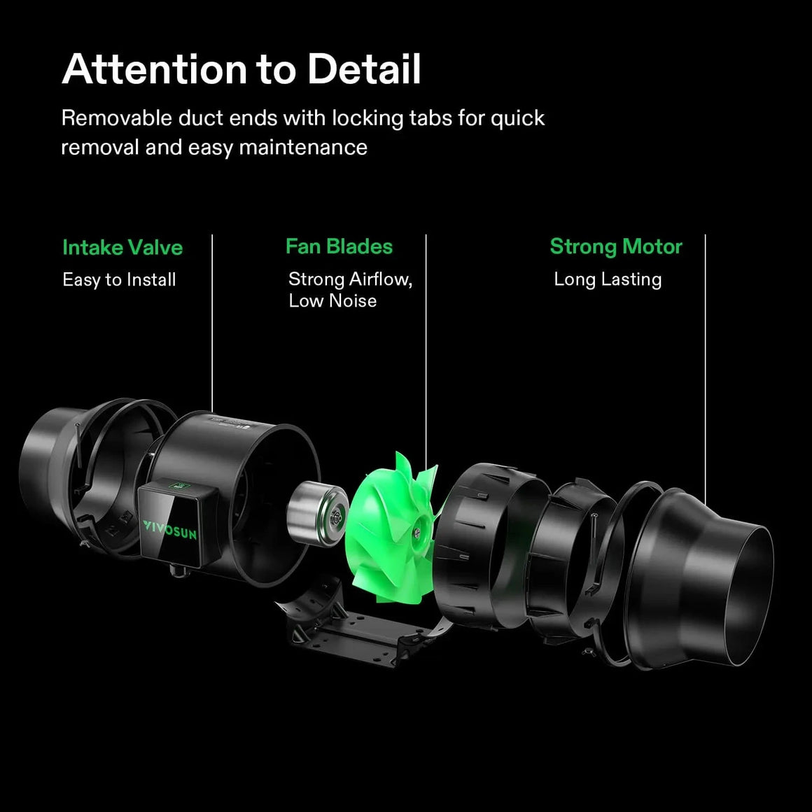 Exploded view of VIVOSUN inline fan, showcasing green fan blades, motor, and removable intake & duct ends.