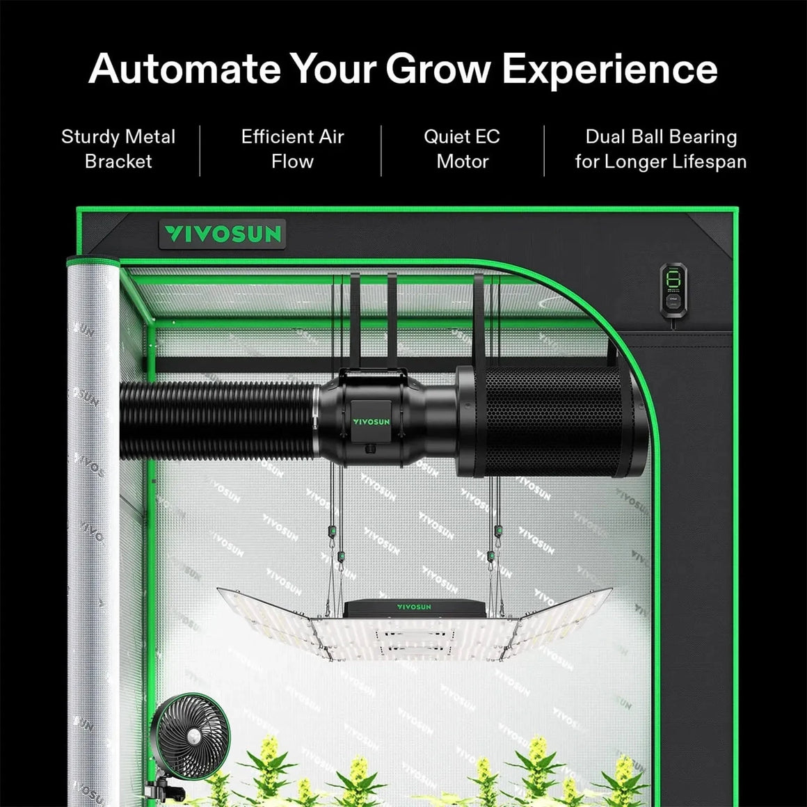 VIVOSUN smart grow tent with AeroZesh G6 inline fan, carbon filter, LED grow light, E12 controller, and plants.