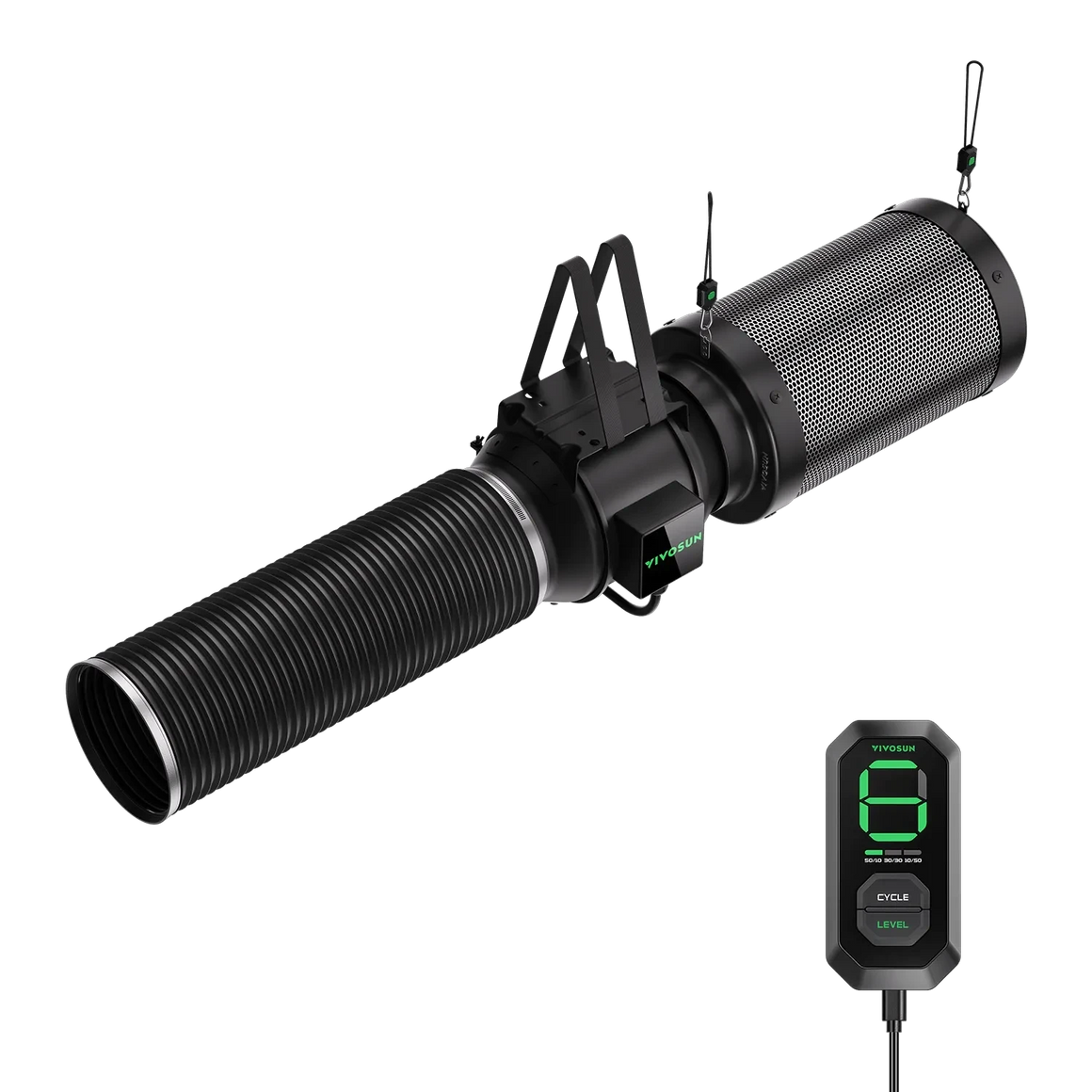 YIYOSUN AeroZesh G6 inline fan with ribbed duct and E12 speed controller showing '6'. Smart air filtration kit.