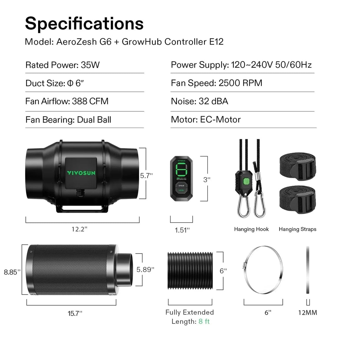 Specifications & dimensions for AeroZesh G6 inline fan, GrowHub E12 controller, carbon filter, ducting, and accessories.