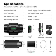 Specifications & dimensions for AeroZesh G6 inline fan, GrowHub E12 controller, carbon filter, ducting, and accessories.