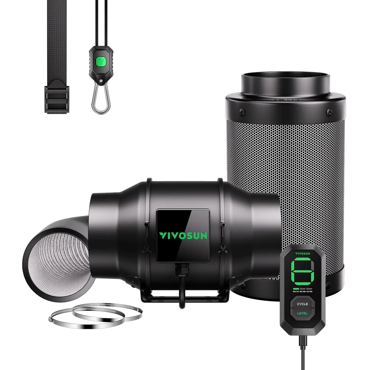 VIVOSUN AeroZesh G6 inline fan, carbon filter, digital speed controller, flexible ducting, and hanging straps kit.