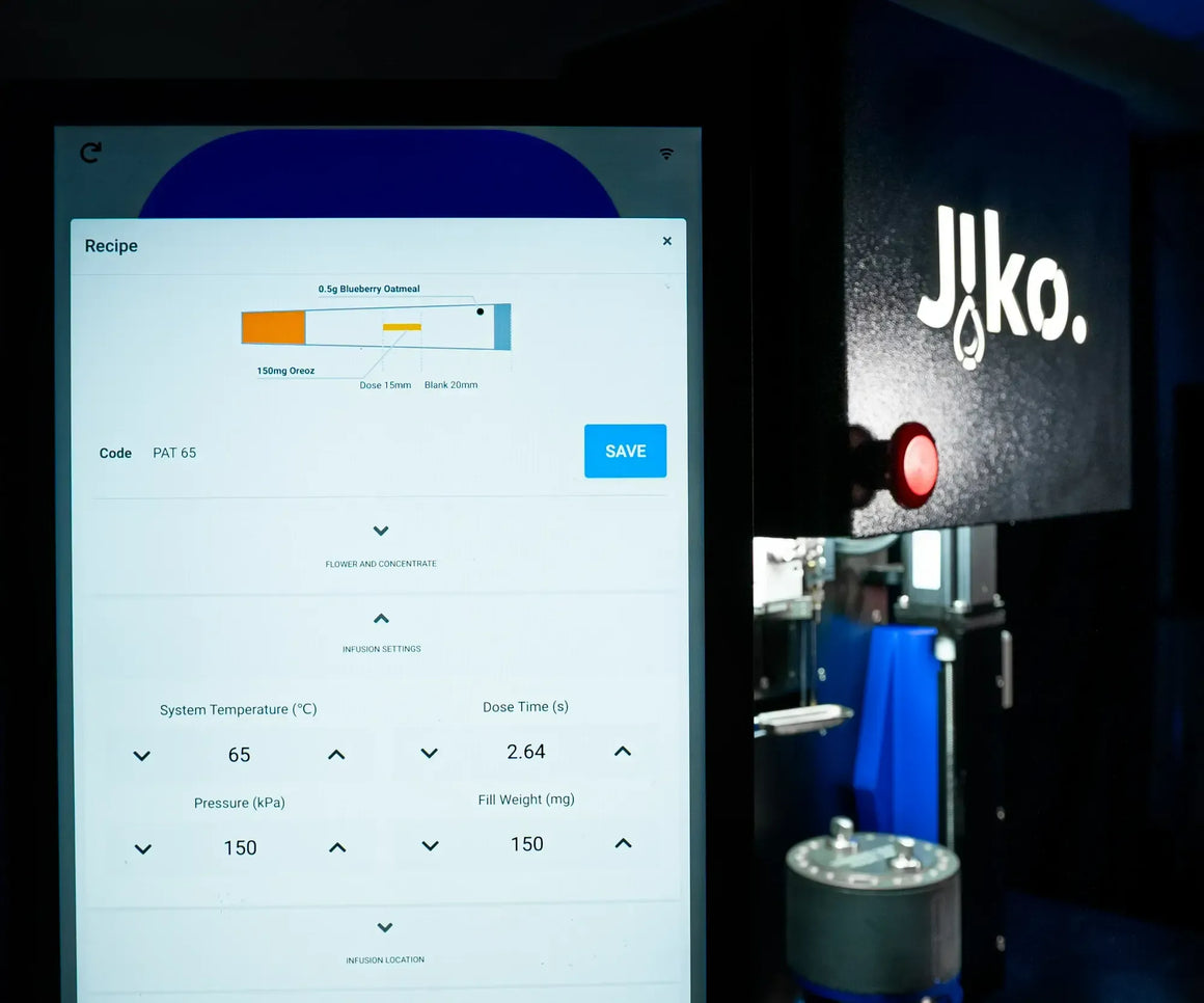 Jiko Plus touchscreen displays recipe settings for blueberry oatmeal, 150mg Oreoz.