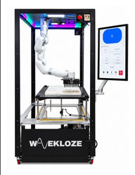 WaveKloze automated sorting robot with robotic arm, touchscreen interface, and colorful LED lighting.