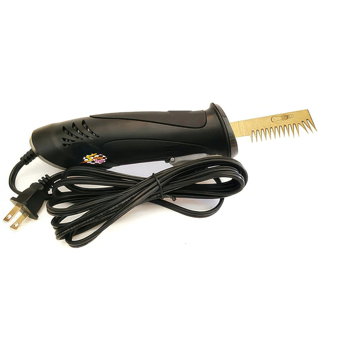 Corded black electric hair trimmer with a golden comb and blade attachment, and a coiled black cord.